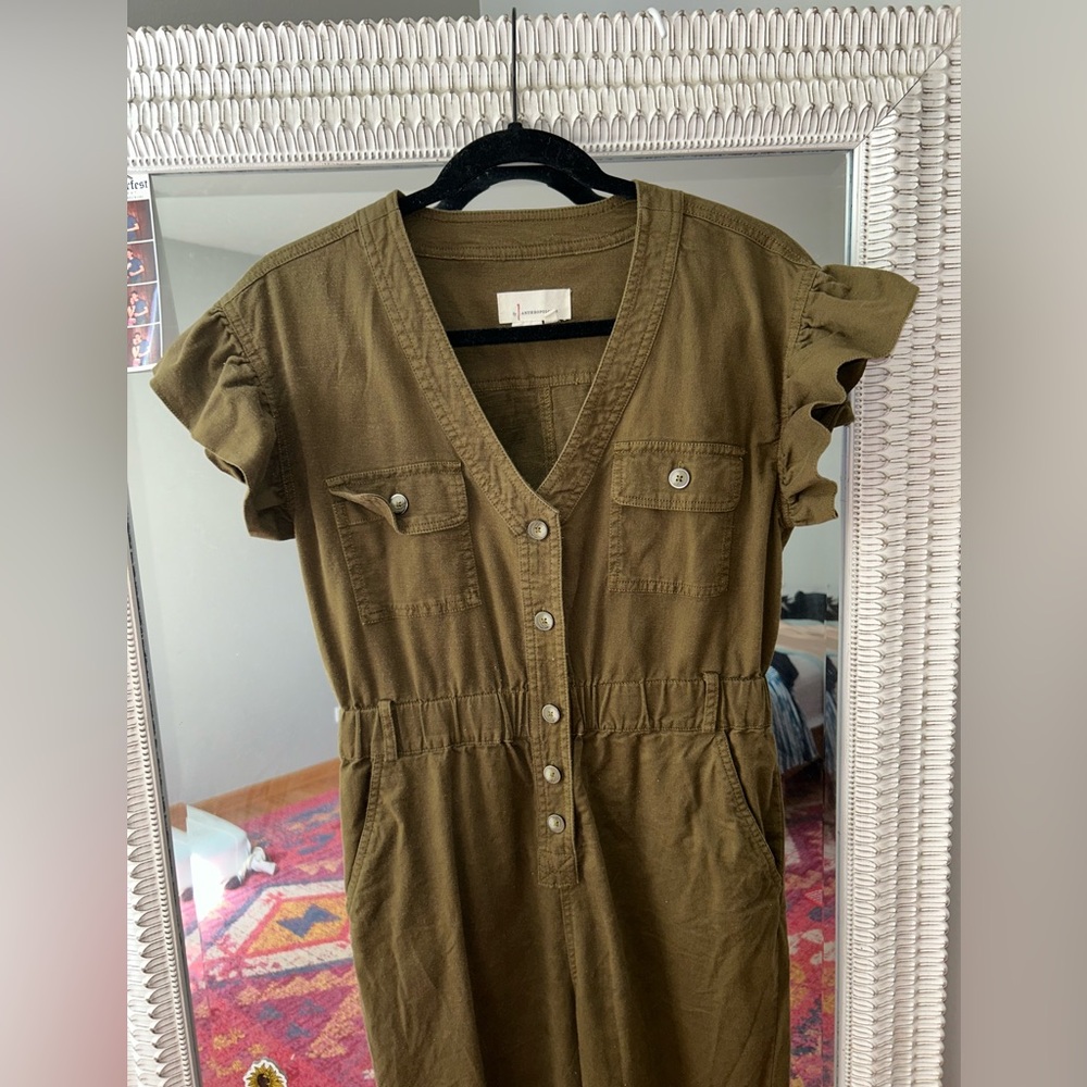 Anthropologie tapered ruffle Button-Down Jumpsuit
